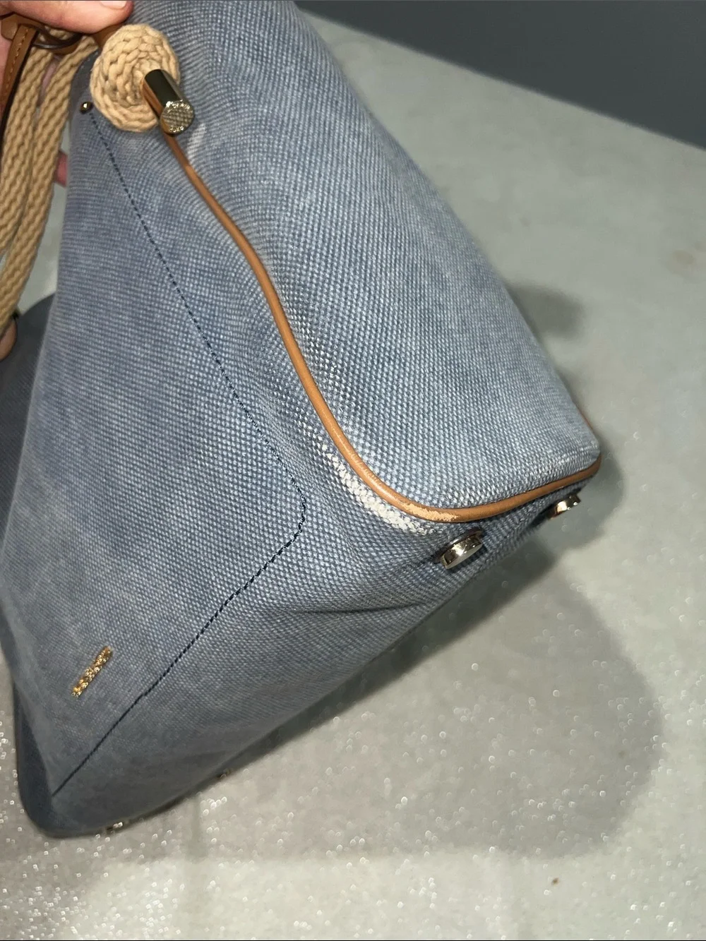 Michael Kors Isla Large Tote Bag, washed denim with signature rope handles.
